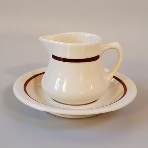 Vintage Homer Laughlin Cream & Brown Creamer Pitcher and Saucer Set